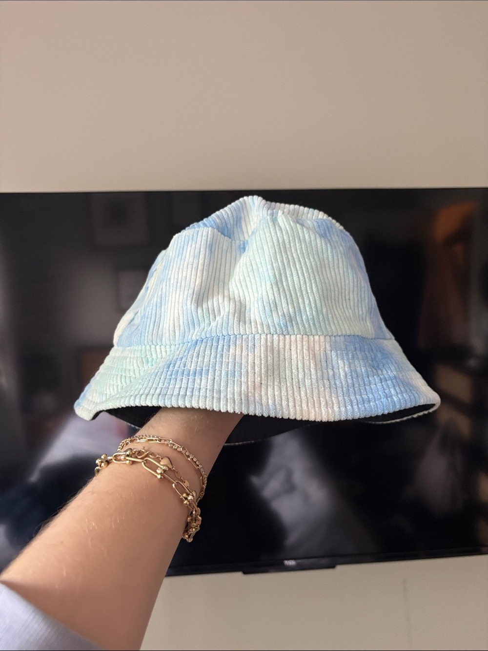 Pastel Blue Tie-Dye Corduroy and Black Reversible Bucket Hat